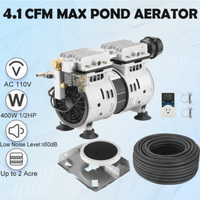 Lake Pond Aerator Pump + One 100 Feet Hose + One Diffuser Timer Kit Up to 2 Acre