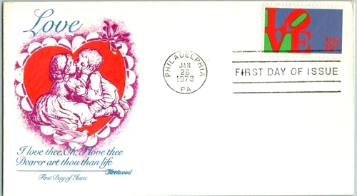 LOVE 1973 FIRST LOVE STAMP ROBERT INDIANA DESIGNER FLEETWOOD KISSES CACHET FDC