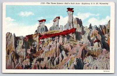 The Three Sisters Hell's Half Acre Cancel WY 1947 Postcard Linen