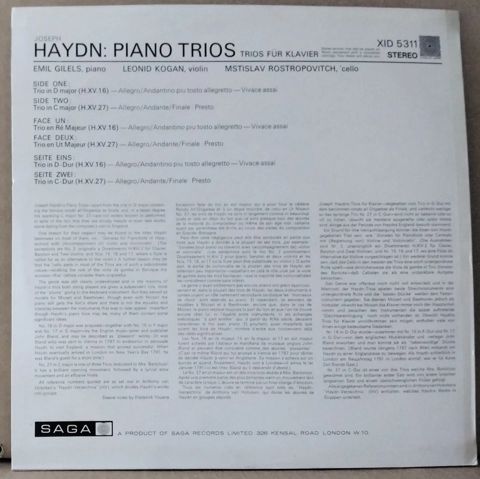 SAGA XID 5311 UK ED 1 HAYDN - PIANO TRIOS GILELS, ROSTROPOVITCH, KOGAN 1969 LP - Image 2 of 3