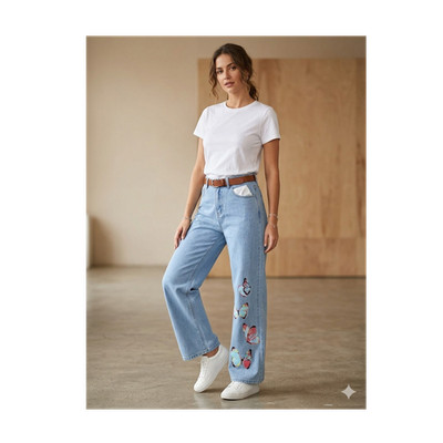 Bailey Rose Women's Wide-Leg Light Blue Denim Jeans Butterfly Button 5-Pocket