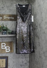 Calvin Klein Womens Embellished Sequinned Velvet Shift Dress Black / Silver 4