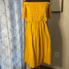 ASOS off the shoulder gold yellow midi dress size 4 eyelet detail cottagecore fe