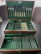 40 PCE OAK CANTEEN SILVER PLATED WALKER & HALL ART DECO ATLANTIC CUTLERY FOR 6