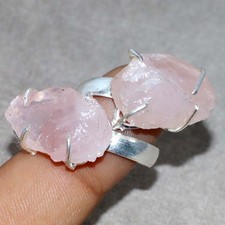 925 Silver Plated Rough Rose Quartz Two-Stone Ring US FreeSize Trendy Jewelry GW