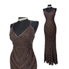 Vintage Silk Prom Dress Maxi Gown S Brown Beaded Embroidery Formal