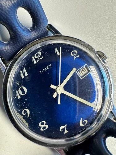 Timex Vintage 1973 Deep Blue Mercury 33MM Wind Up 16553 2573 Runs Good READ