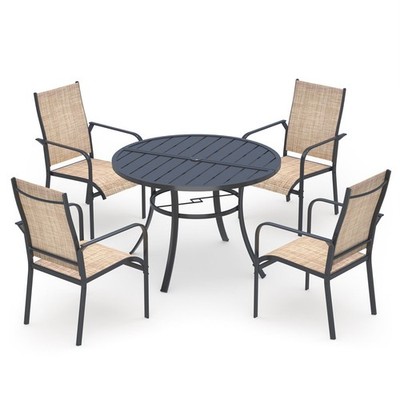 5 Piece Patio Dining Set Outdoor Round Iron Table Chairs for 4 Umbrella Hole