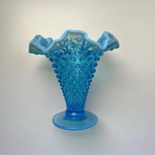 Vintage Blue Opalescent Hobnail Fenton Ruffled Rim Small Pedestal Vase