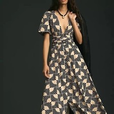 Anthropologie The Katerina Midi Dress Womens S Boho Chic Black Cream Printed