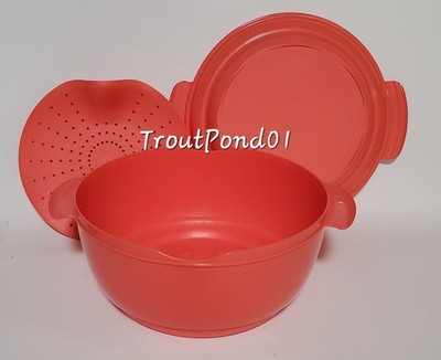 Tupperware Micro Steamer Microwave Veggie Rice Fish 2 1/2 Qt Cooker Coral 10.5 c