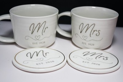 Next Home Mr & Mrs EST 2020 Mug & Coaster Set - 4 Piece White/Gold Wedding Gift