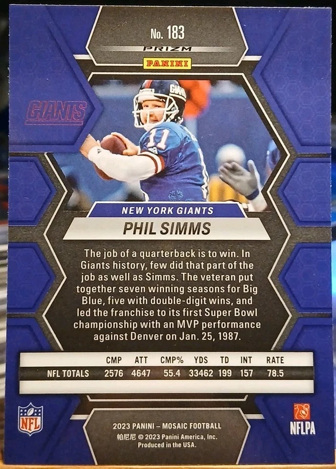 Panini Mosaic Phil Simms New York Giants Red Sparkle Prizm SP #183 2023 casi nuevo-como nuevo Foto 2 de 2