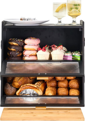 2-Tier Large Bread Box for Kitchen Countertop - Double Wooden Bread Storage Cont