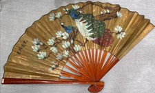 Large Hand Painted Peacock Antique Asian Wall Decor Fan 52x29.5  Signed