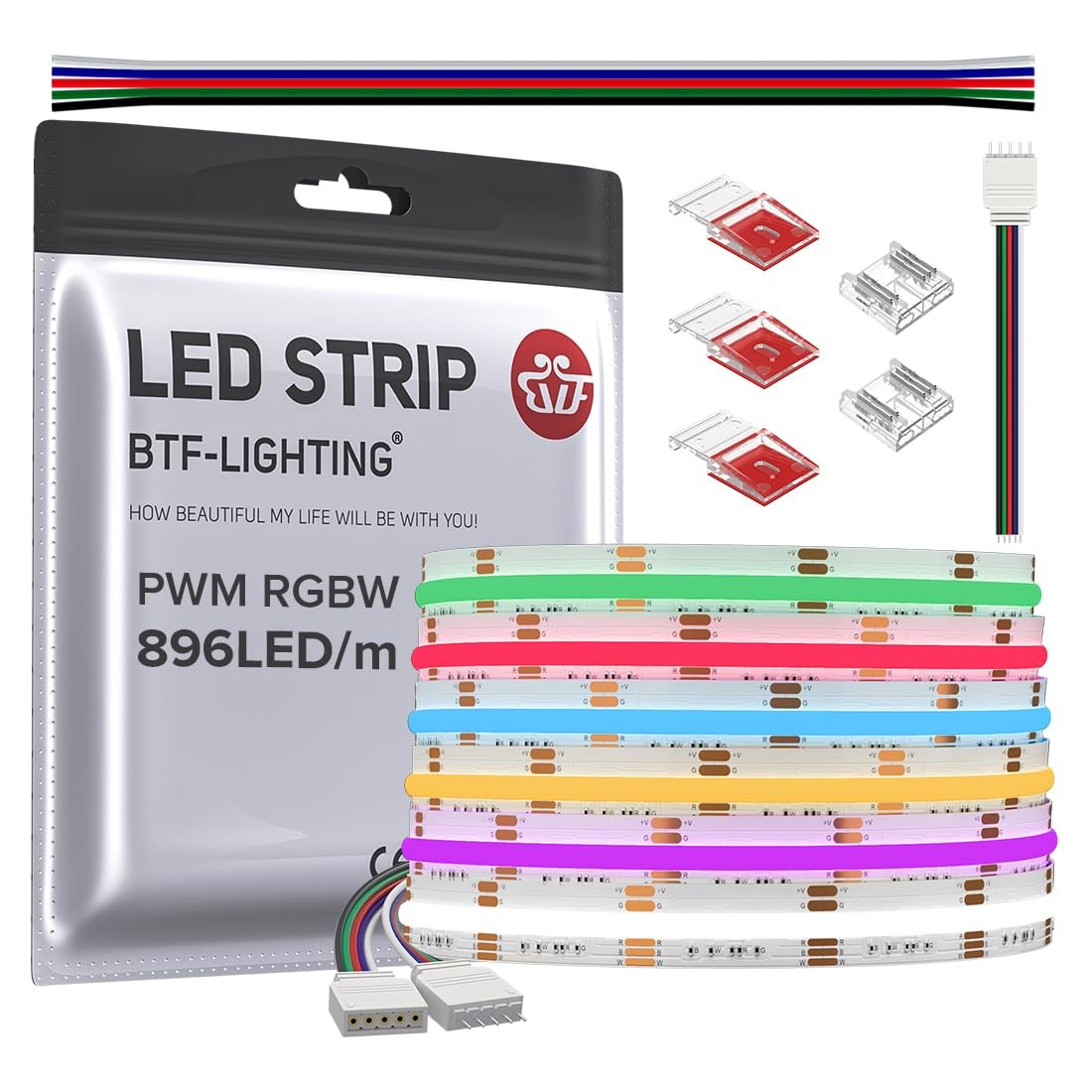 FCOB COB LED Strip RGBW 6500K 896LED/m 16.4FT DC24V Color Changing Flexible H...
