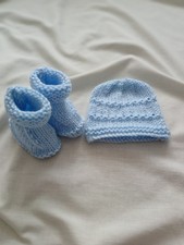 New Hand knitted baby hat  boots Size premature/doll Blue
