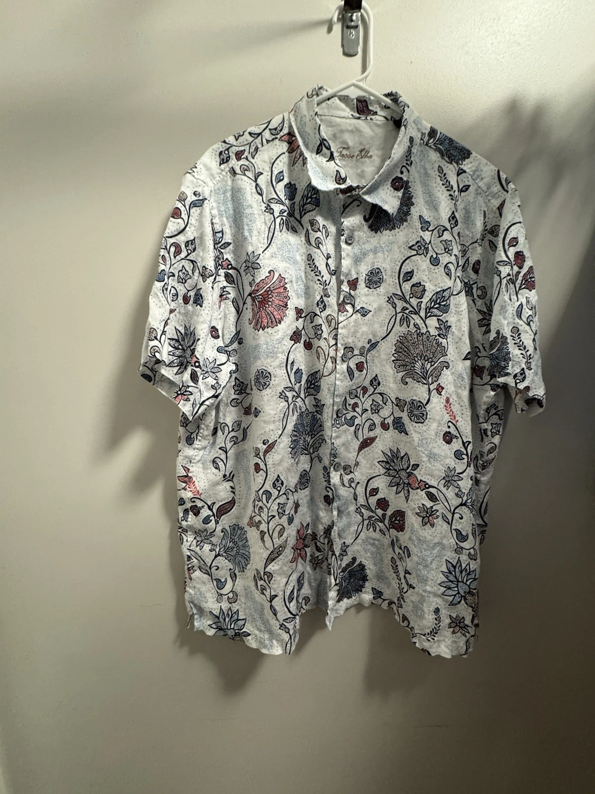 Tasso Elba Floral Linen Short Sleeve Button Up Shirt Men’s XXL White Paisley