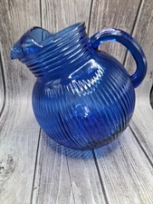 Hazel Atlas Cobalt Blue Depression Ball Pitcher Ribbed Tilted Ice Lip 6” Tall