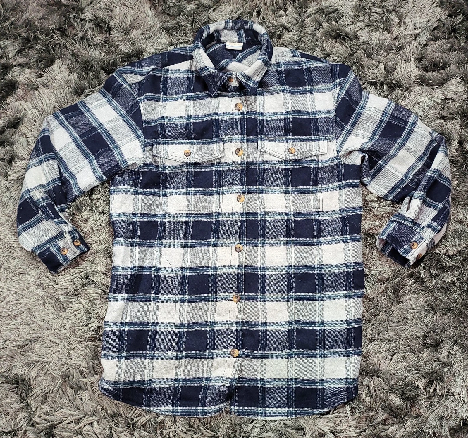 Columbia Flannel Shirt Jacket Mens XL Blue Plaid Shacket Lined Button Up Hiking
