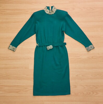 St. John by Marie Gray Vintage Knit Green Dress, Beaded Mock Neck, Size 2