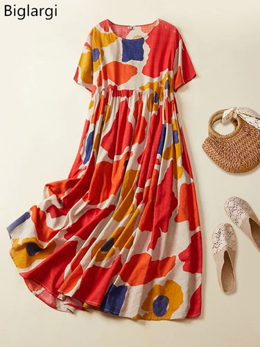 Plus Size Beach Floral Dress Cotton Ladies Dresses Loose Summer Casual Long - Picture 15 of 17