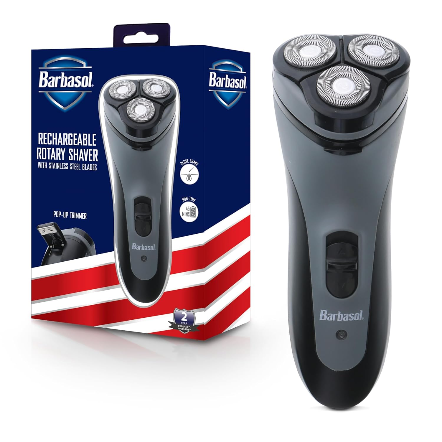 Rechargeable Electric Rotary Shaver with Stainless Steel Blades and Pop Up Trimm