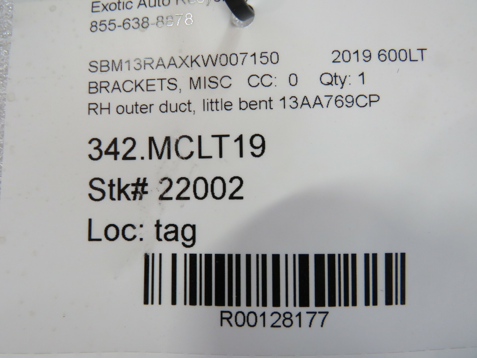McLaren 600LT, RH, Right, Outer Duct Bracket, Used, Bent, P/N 13AA769CP