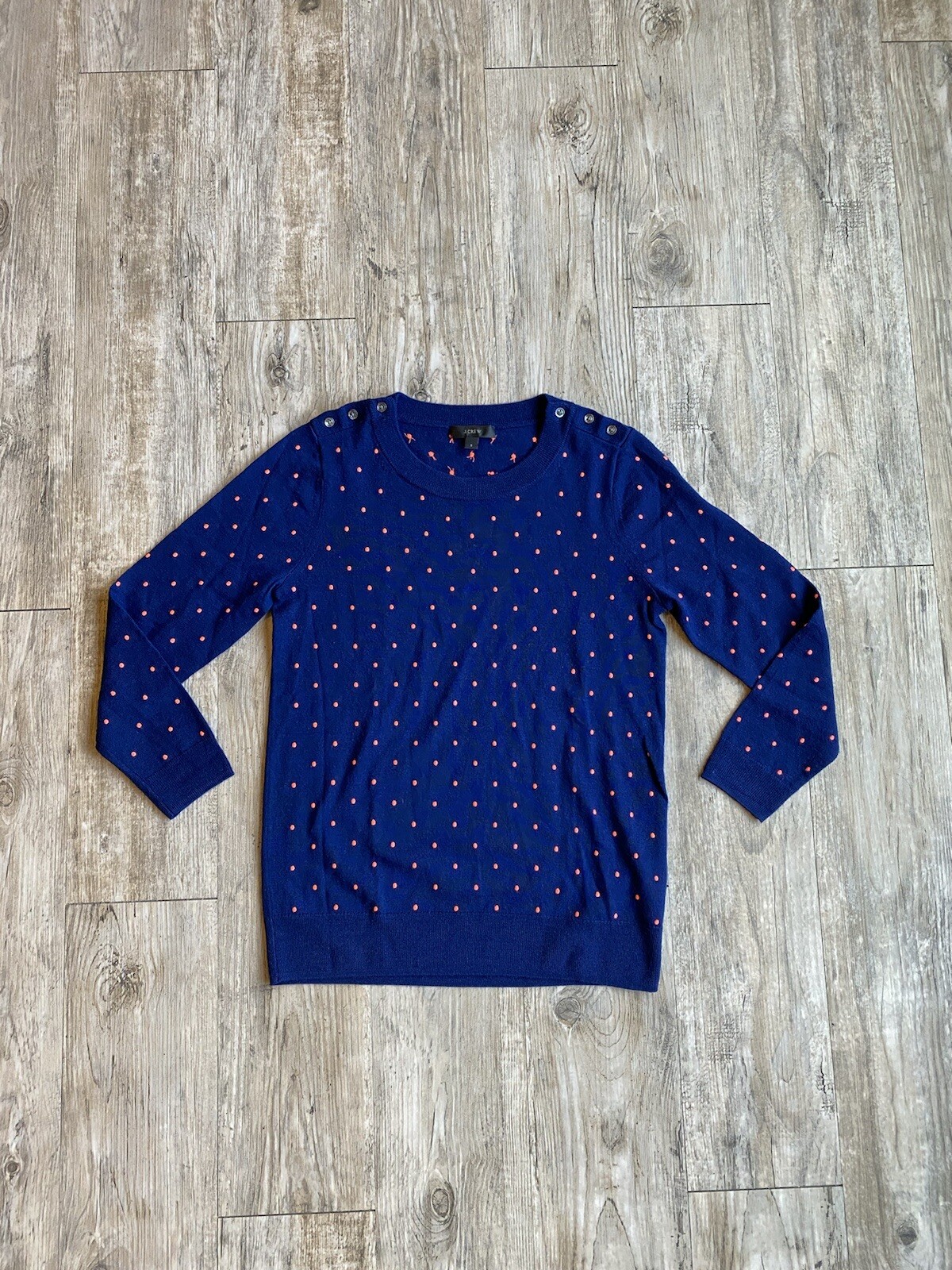 jcrew S womens sweater top long sleeve blue orange pink polka dots merino  wool | eBay