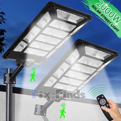 9999000000LM Solar Street Light Outdoor Dusk to Dawn Flood Lamp Road Pole+Remote
