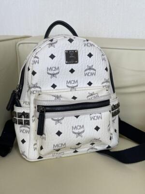 MCM Mini Backpack Visetos Pattern White Black Metal Logo Plate