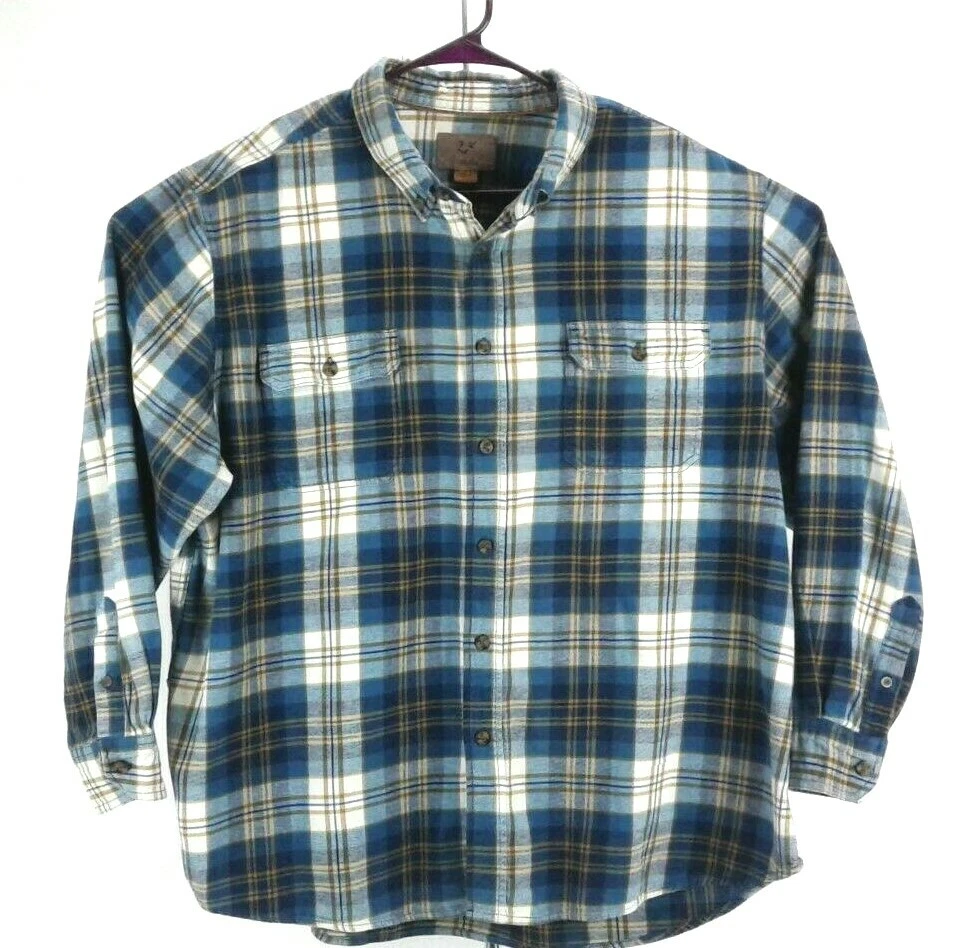 Outdoor Life Mens 100% Cotton Long Sleeve Blue Flannel Plaid Shirt Size XXL/EEG