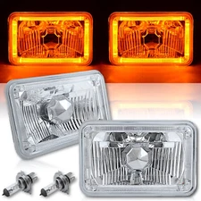 4X6 Amber LED Halo Angel Eye Halogen H4 Headlights Crystal Clear Headlamp Bulbs