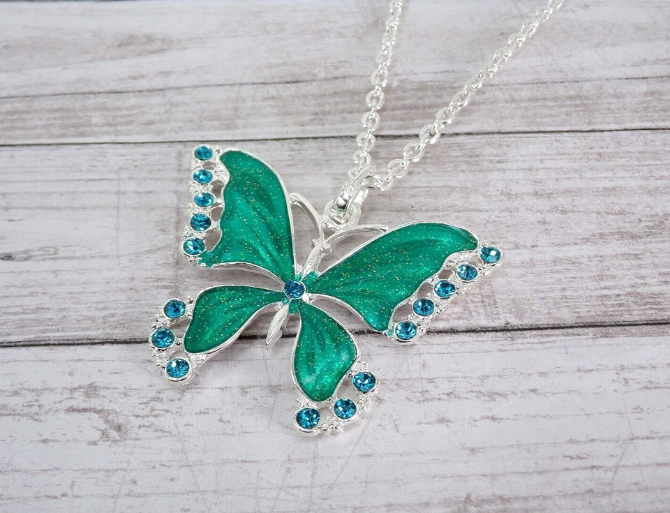 Collar colgante mariposa verde grande en esmalte brillante y cristales azules - NUEVO Foto 4 de 4