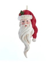 Long Beard Santa Head With Red Knit Hat Ornament