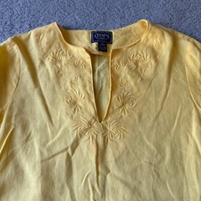 NEW Chaps Top Womens Small Yellow Linen Floral Tunic Embroidered V Neck Preppy