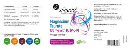 Magnesium Taurate Aliness Con B6 - 100 Cápsulas De 100 Mg Para Apoyo Muscular