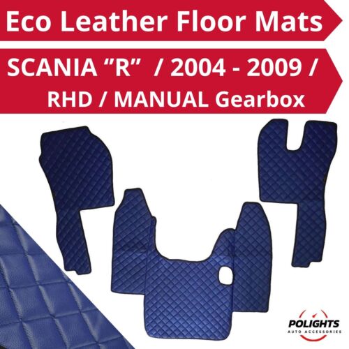 Blue Italian Eco Leather Floor Mats for SCANIA 'R' RHD Manual Gearbox 2004-2009 - Picture 1 of 3