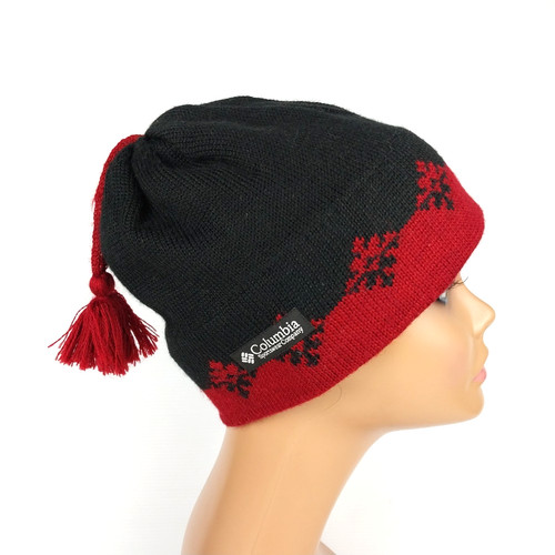 Columbia Winter Beanie Cap Black Red Wool Blend Knit Snowflake OS Adult Unisex