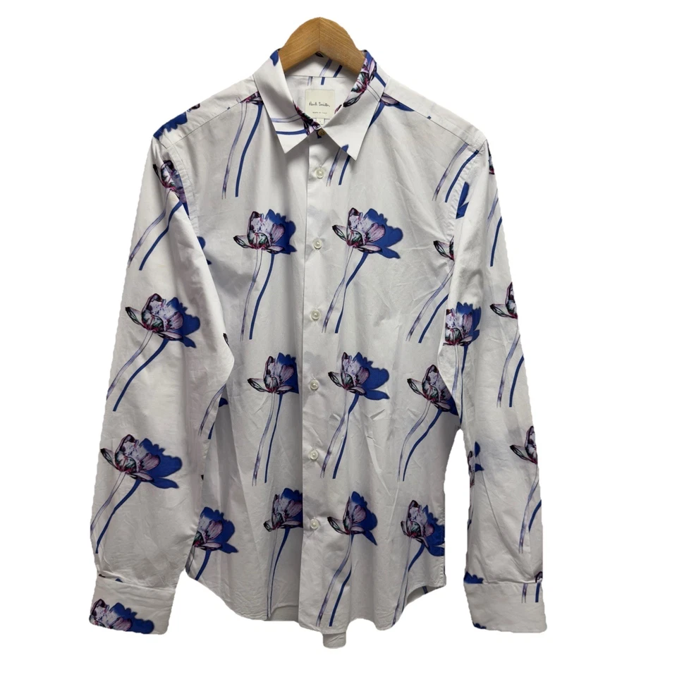 Camisa Paul Smith masculina tamanho grande branca multicolorida floral botão frontal L/S Itália - Imagem 2 de 4