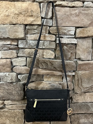 Michael Kors Fallon Black Jacquard Canvas Leather MK Signature Logo Shoulder Bag - Picture 1 of 12