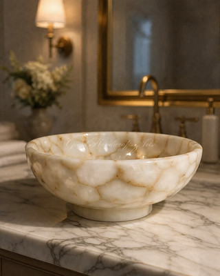 Luxury White Agate Sink Round Vessel Sink Handmade Natural Stone Bathroom Basin