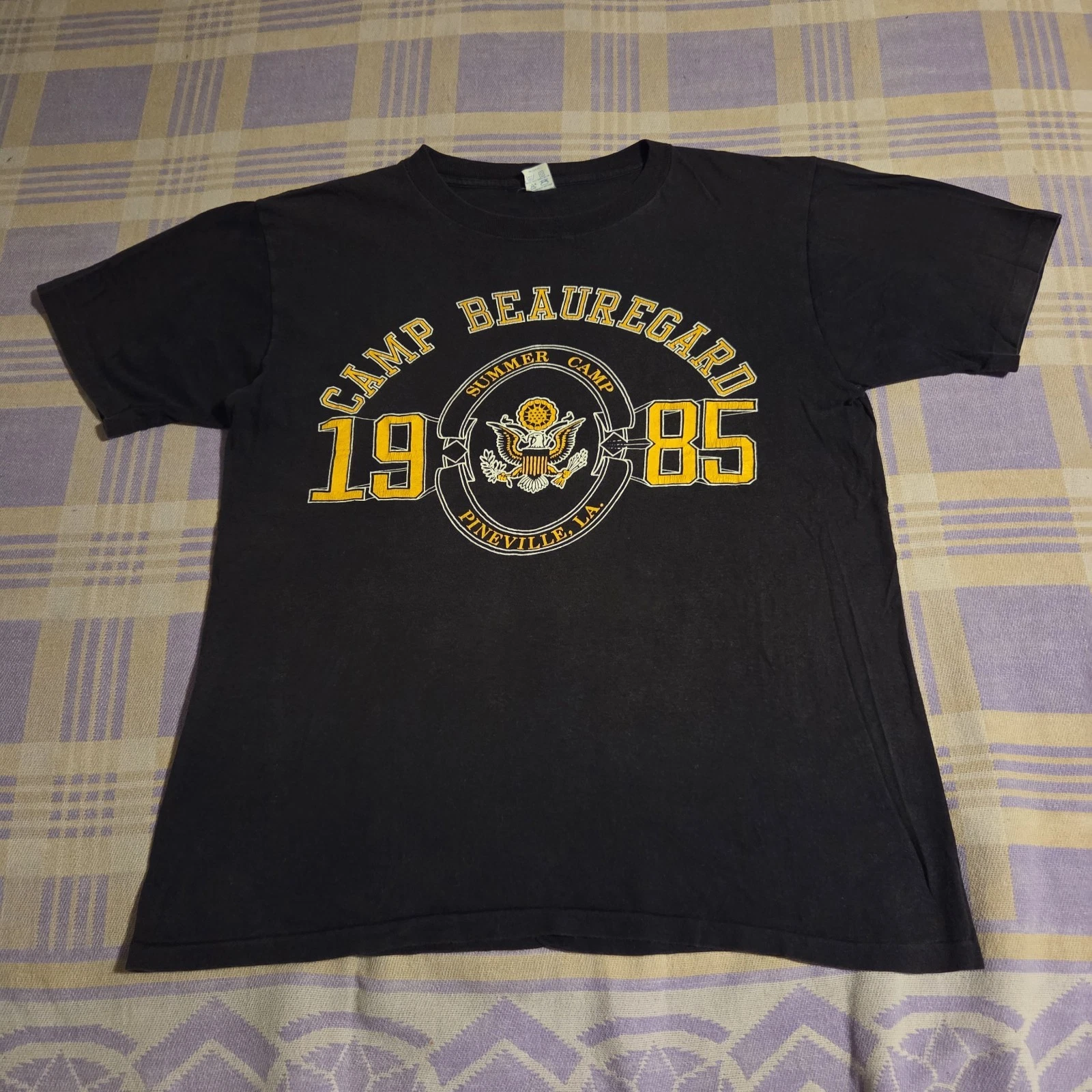 Vintage 80s Camp Beauregard T Shirt Pineville LA 1985 Summer Army Military Logo