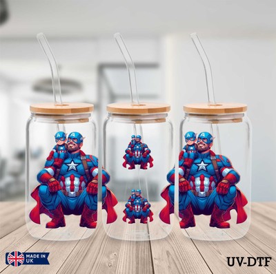 Captain America and Son UV DTF Aufkleber - 16oz Libbey Dose Glasfolie zp951