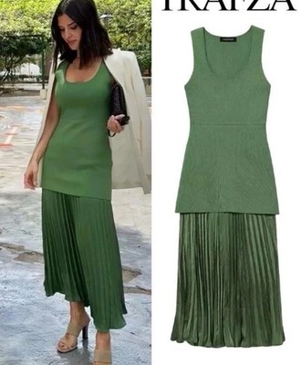 ZARA WOMAN SS25 GREEN PLEATED KNIT COMBINATION DRESS SIZES S 4192/055/500