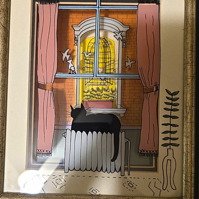 Framed Signed Cat Art Print - Black Cat on Radiator (Jean-Pierre Weill)