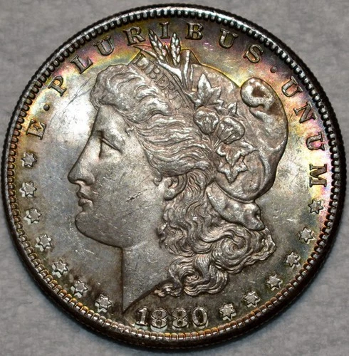 AU-UNC 1880-S Morgan Dollar, Beautiful, Iridescent Toning.