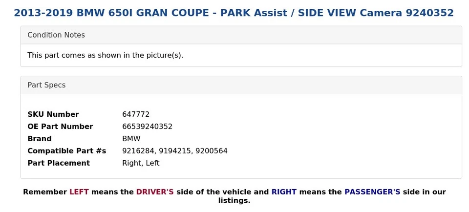 2013-2019 BMW 650I GRAN COUPE - PARK Assist / SIDE VIEW Camera 9240352 - Image 4 of 4