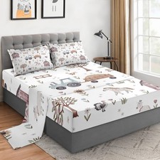 Twin Size 3 Pcs Bed Fitted Sheet Set with 14" Deep Pocket, Animal Farm Tracto...