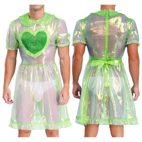 Costume Pigiama Uomo Adulto Trasparente Sirena Sissy Nightwear Manica Corta Cuore - Foto 30 di 49